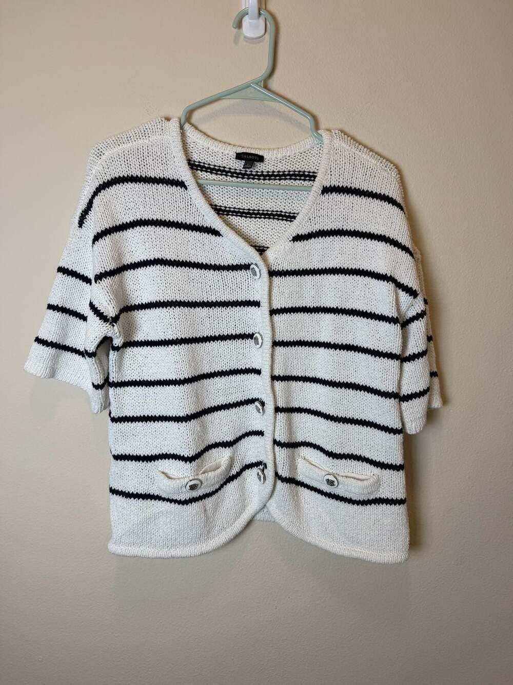 Talbots Striped Elbow Sleeve Knit Cardigan Sweater